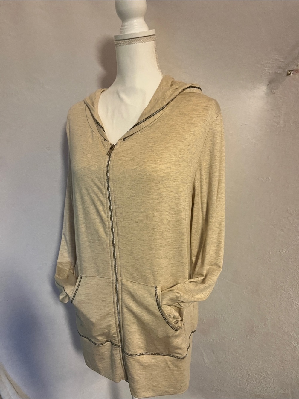 Light Beige Full-Zip Hoodie with Pockets - Women's